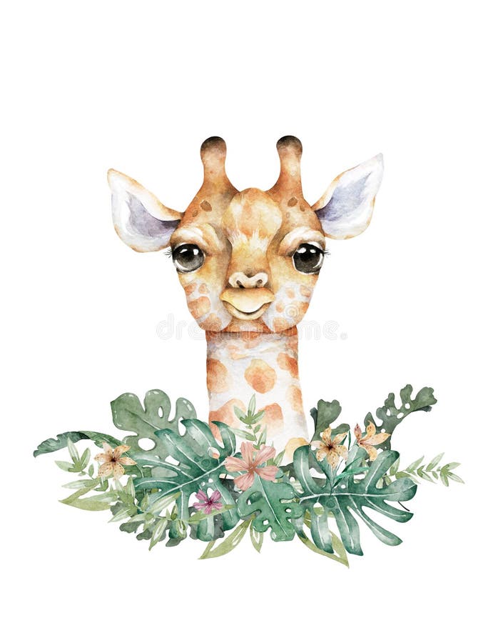 Bella giraffa con foglie di palma. disegno a mano di un cartone isolato per l'estrazione di un'immagine di una giraffa carina illustrazione vettoriale