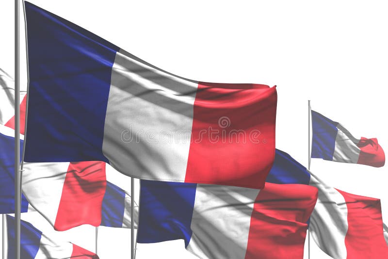 Bella illustrazione della bandiera 3d di festa nazionale - molte bandiere della Francia sono onda isolata su bianco illustrazione di stock Bella illustrazione della bandiera 3d di festa nazionale - molte bandiere della Francia sono onda isolata su bianco illustrazione di stock