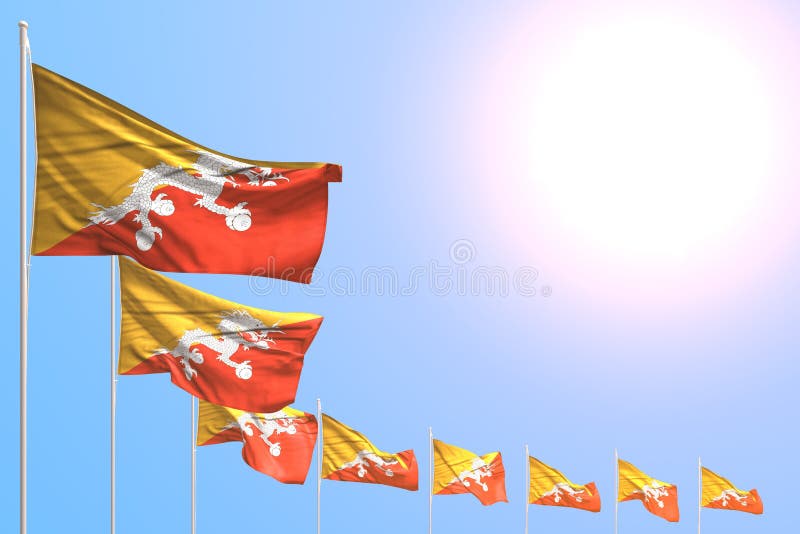 Bella illustrazione della bandiera 3d di giorno di inno - molte bandiere del Bhutan hanno disposto diagonale su cielo blu con spa illustrazione vettoriale Bella illustrazione della bandiera 3d di giorno di inno - molte bandiere del Bhutan hanno disposto diagonale su cielo blu con spa illustrazione vettoriale
