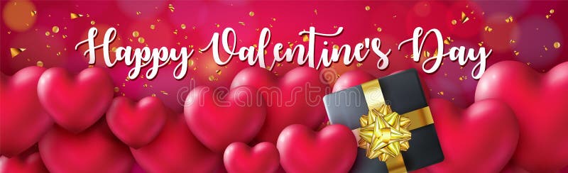 Bella insegna felice di San Valentino con il fondo colorato dei cuori lucidi realistici 3d e dorato rosso dei coriandoli illustrazione vettoriale Bella insegna felice di San Valentino con il fondo colorato dei cuori lucidi realistici 3d e dorato rosso dei coriandoli illustrazione vettoriale