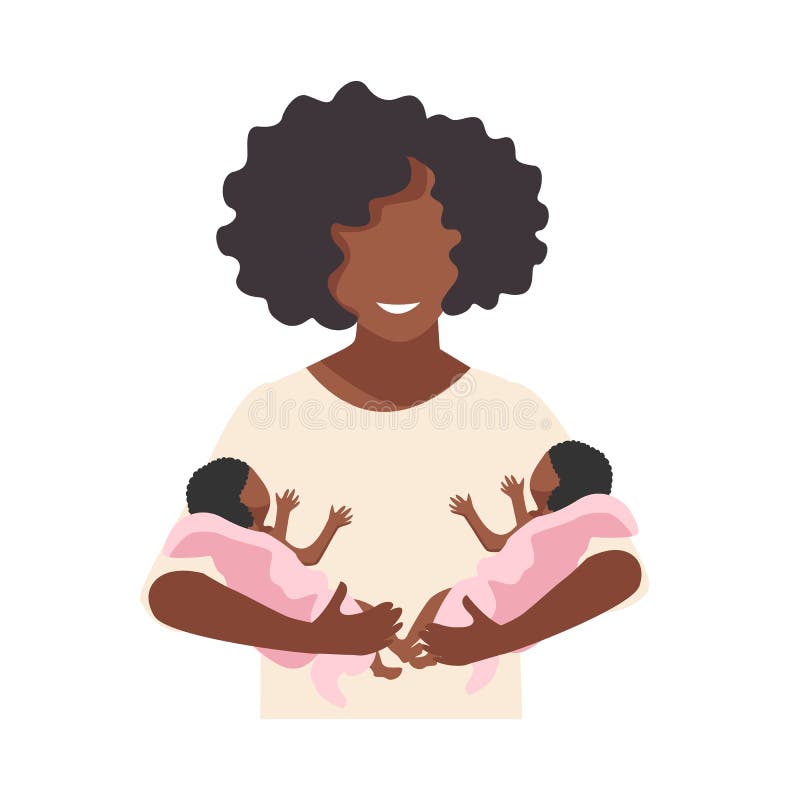 A beautiful black mother holds newborn twins in her arms. Happy twins mom. Flat vector illustration isolated on white background. A beautiful black mother holds newborn twins in her arms. Happy twins mom. Flat vector illustration isolated on white background.