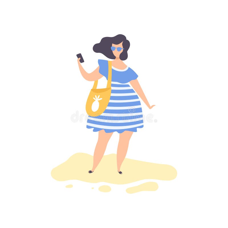 Bella ragazza castana in vestito blu ed occhiali da sole che stanno facenti la foto di Selfie sulla spiaggia, giovane donna che s royalty illustrazione gratis Bella ragazza castana in vestito blu ed occhiali da sole che stanno facenti la foto di Selfie sulla spiaggia, giovane donna che s royalty illustrazione gratis