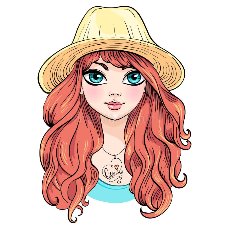 Bella ragazza di modo di vettore in cappello. Vector la bella ragazza alla moda in cappello con capelli ricci rossi lunghi