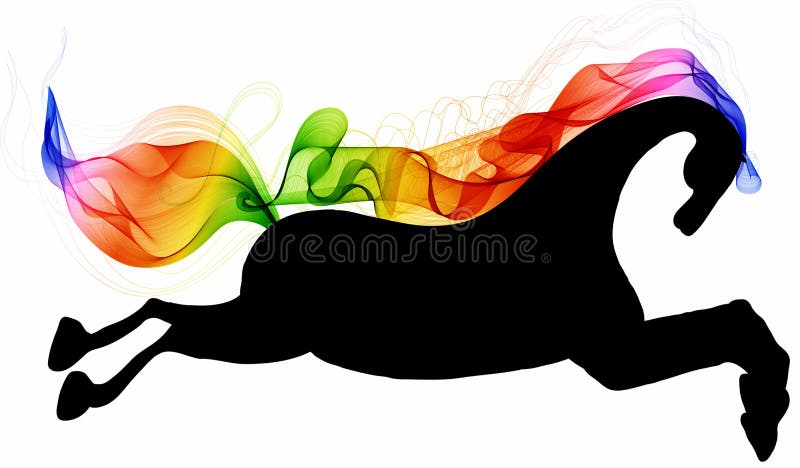 Bella siluetta corrente del nero del cavallo con il sommario luminoso di colore illustrazione di stock Bella siluetta corrente del nero del cavallo con il sommario luminoso di colore illustrazione di stock
