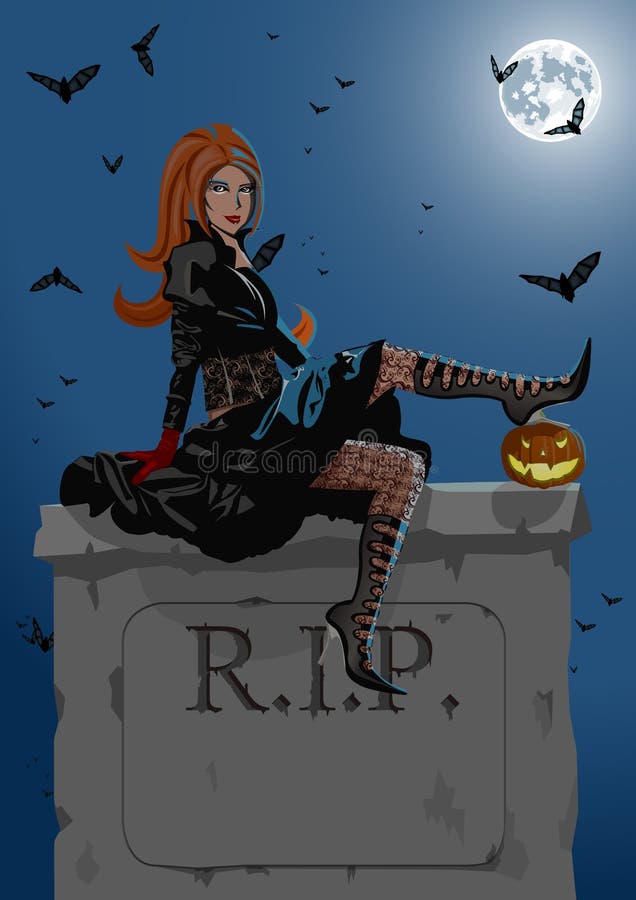 Beautiful witch sitting on the tombstone. High detalisation. Beautiful witch sitting on the tombstone. High detalisation