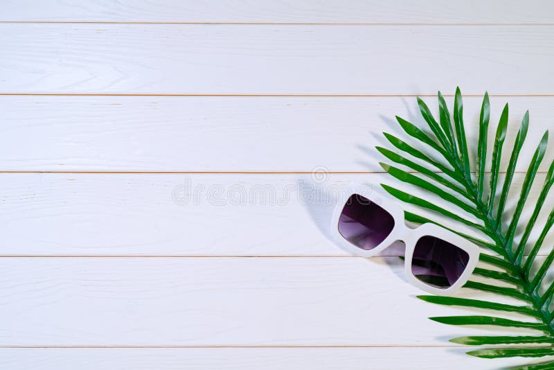 Bella vacanza estiva, occhiali da sole e foglie di palma sulla tavola di legno bianca fotografia stock libera da diritti Bella vacanza estiva, occhiali da sole e foglie di palma sulla tavola di legno bianca fotografia stock libera da diritti