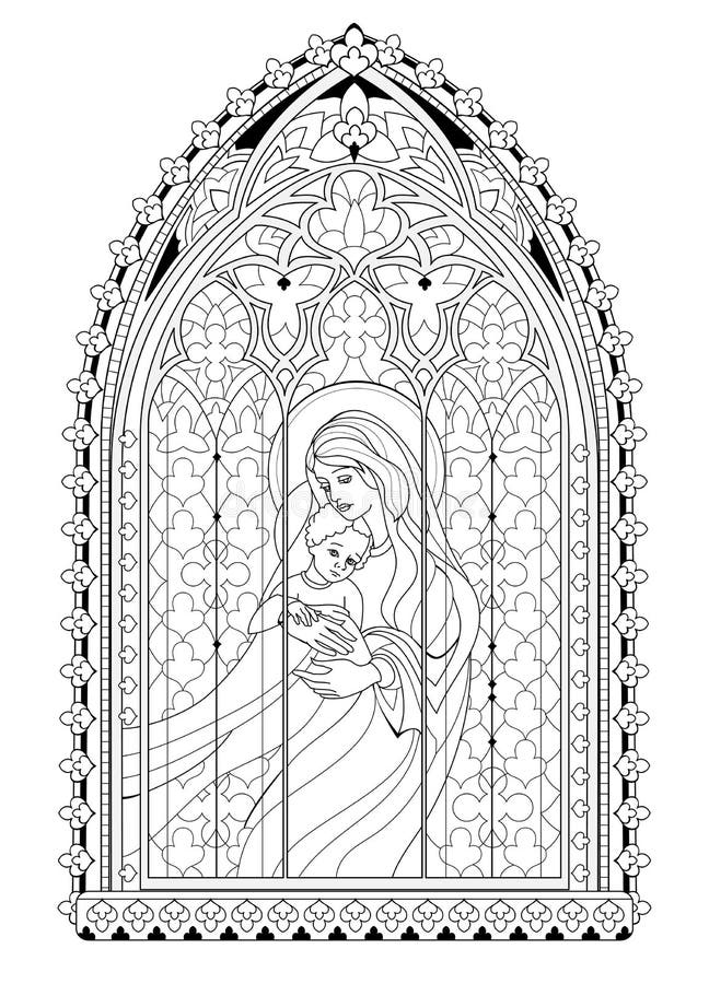 Bella Vidriera Gótica De La Iglesia Francesa Con Madonna Y Niño. Dibujo En  Blanco Y Negro Para Libro De Colores. Ilustración del Vector - Ilustración  de santo, medieval: 258274603