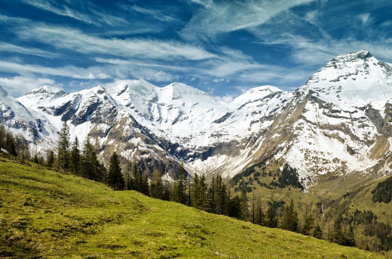 Beautiful view of Alps mountains. Spring in National Park Hohe Tauern, Austria. Green valley and snowy mountains peaks. Grossglockner high alpine road. Beautiful view of Alps mountains. Spring in National Park Hohe Tauern, Austria. Green valley and snowy mountains peaks. Grossglockner high alpine road.