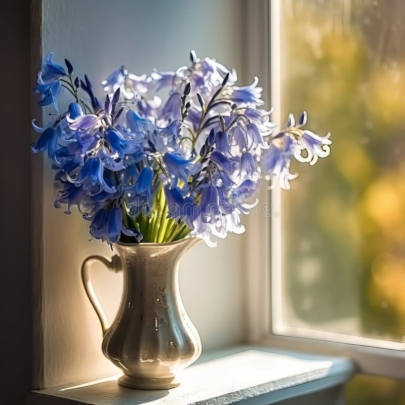 Bellas aletas azules en una jarra de cerámica beige en el umbral de la ventana del viejo apartamento. ramo de flores azules fresca stock de ilustración
