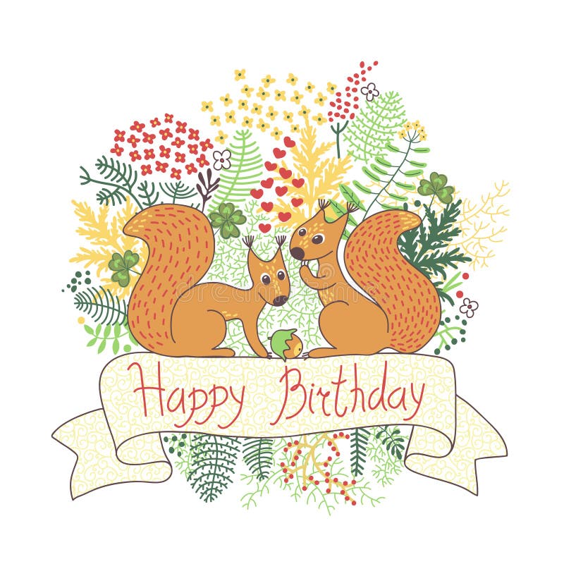 Belle carte avec des écureuils. Joyeux anniversaire. illustration libre de droits Belle carte avec des écureuils. Joyeux anniversaire. illustration libre de droits