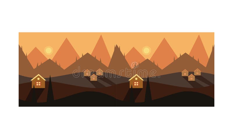 Belle case, tramonto o alba del ith del paesaggio della montagna sopra l'illustrazione di vettore delle montagne royalty illustrazione gratis Belle case, tramonto o alba del ith del paesaggio della montagna sopra l'illustrazione di vettore delle montagne royalty illustrazione gratis