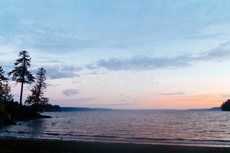 Belle côte du tir de mer de la forêt avec des pins sur le côté et le ciel stupéfiant photos stock Belle côte du tir de mer de la forêt avec des pins sur le côté et le ciel stupéfiant photos stock