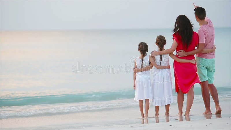 Belle famille heureuse sur la plage Vue arrière des parents et des enfants au coucher du soleil banque de vidéos