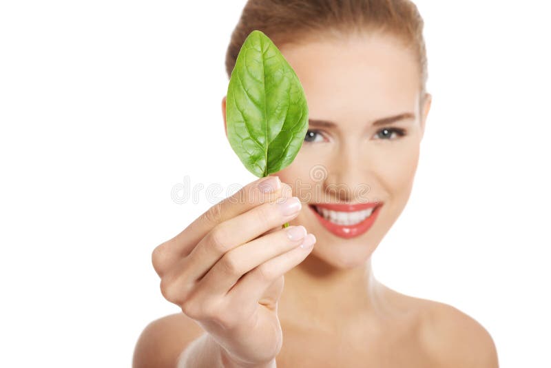 Belle femme caucasienne de torse nu avec une feuille verte. photo stock Belle femme caucasienne de torse nu avec une feuille verte. photo stock