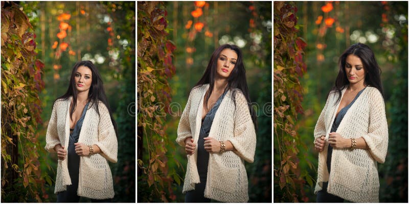Belle femme dans la pose blanche en parc automnal Jeune femme de brune passant le temps en automne près d'un arbre dans la forêt photo stock Belle femme dans la pose blanche en parc automnal Jeune femme de brune passant le temps en automne près d'un arbre dans la forêt photo stock