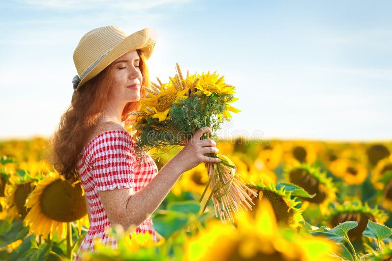 Belle femme rousse dans le domaine de tournesol le jour ensoleillé image libre de droits Belle femme rousse dans le domaine de tournesol le jour ensoleillé image libre de droits