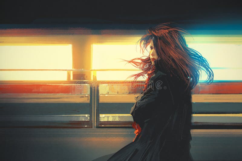 Belle femme se tenant contre les lumières colorées, peinture numérique illustration de vecteur Belle femme se tenant contre les lumières colorées, peinture numérique illustration de vecteur