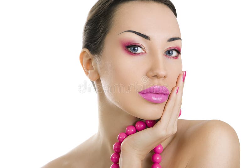 Belle fille avec haut étroit rose lumineux de maquillage et d'accessoire, photo libre de droits Belle fille avec haut étroit rose lumineux de maquillage et d'accessoire, photo libre de droits