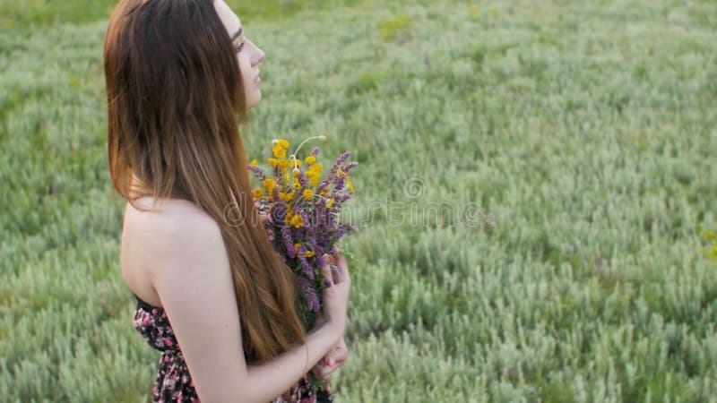 Belle fille avec le bouquet de fleurs sauvages sur la jeune femme de pré avec de longs cheveux dans la robe en marchant sur le cou banque de vidéos