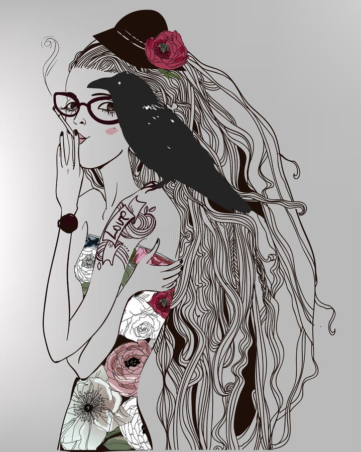 Belle fille avec un corbeau illustration stock Belle fille avec un corbeau illustration stock