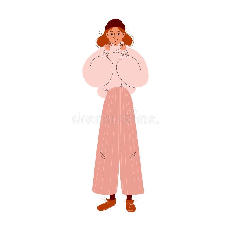 Belle Fille Dans Un Grand Pull Chaud Pantalon Large Et Chaussures Laceul Brun. Dessin Anime Jeune Femme Avec Un Chapeau Marron Et Illustration Stock Illustration du brun heureux 210371089