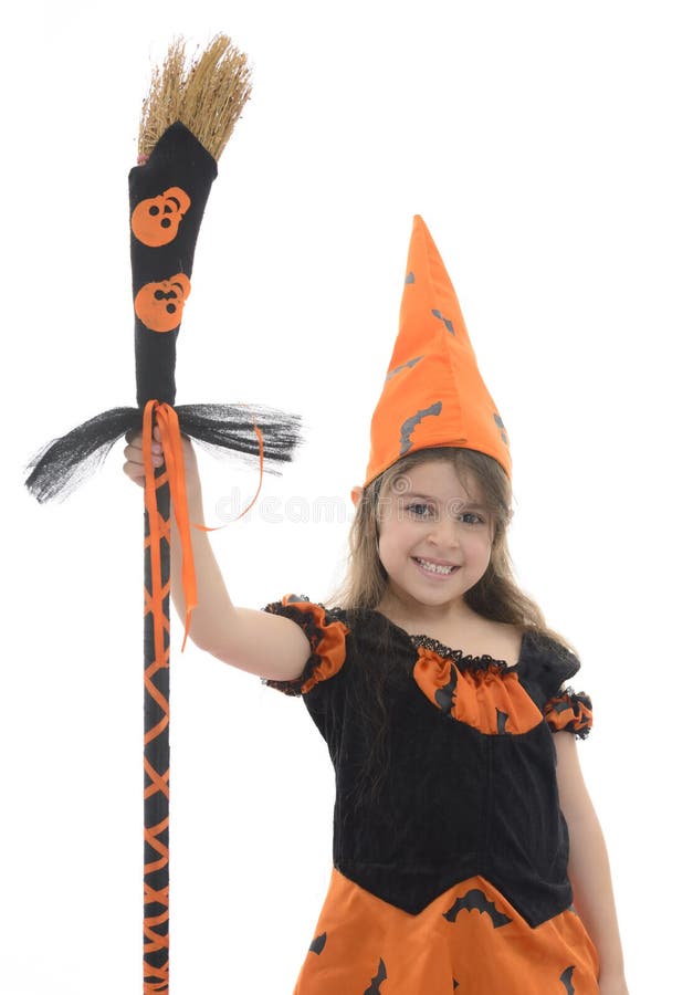 Beautiful Happy Witch Girl With Broom Isolated on White Background. Beautiful Happy Witch Girl With Broom Isolated on White Background