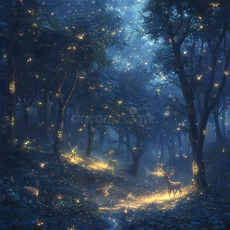 Belle forêt magique avec papillons de cerfs et lucioles illustration stock