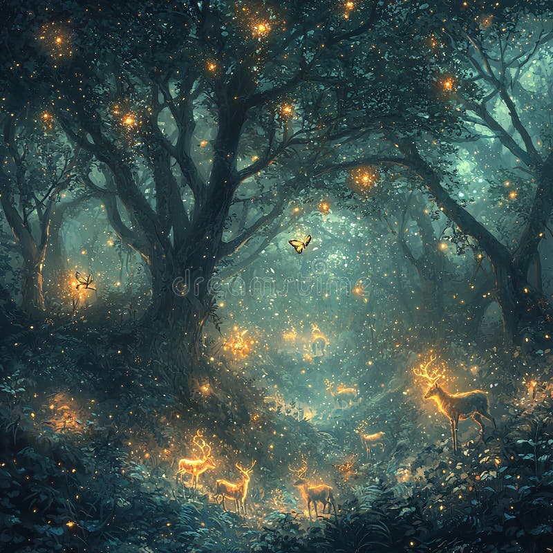 Belle forêt magique avec papillons de cerfs et lucioles illustration de vecteur