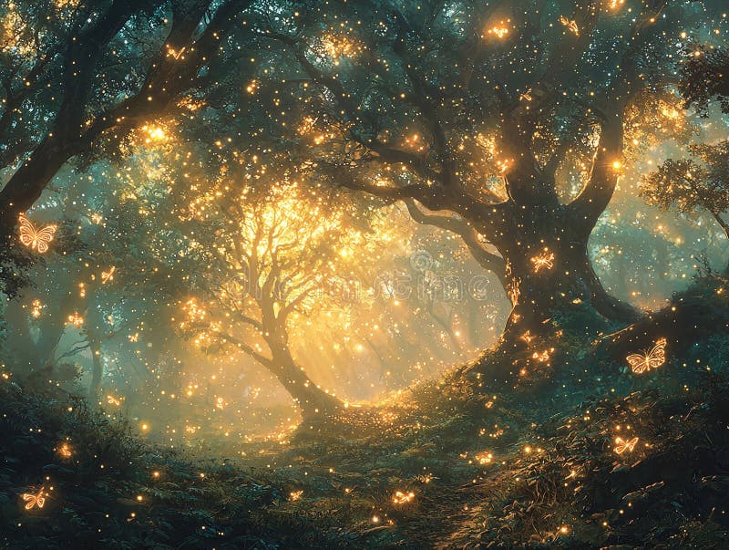 Belle forêt magique avec papillons de cerfs et lucioles illustration libre de droits