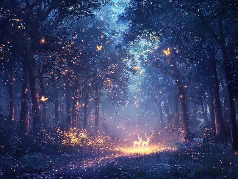 Belle forêt magique avec papillons de cerfs et lucioles illustration stock