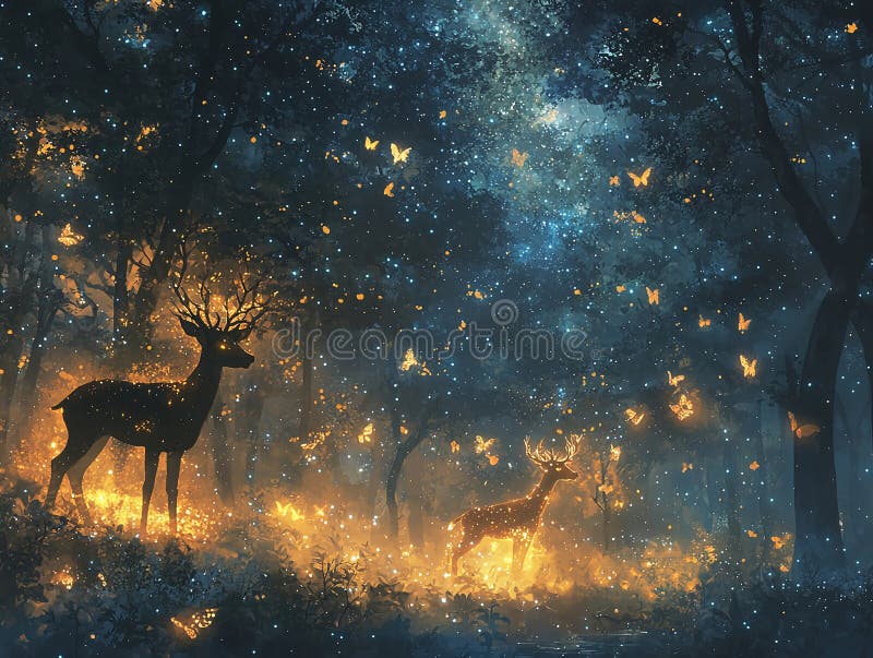 Belle forêt magique avec papillons de cerfs et lucioles illustration de vecteur