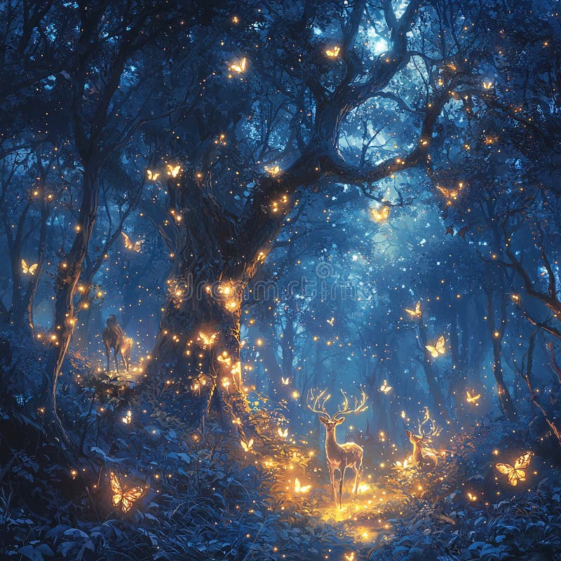 Belle forêt magique avec papillons de cerfs et lucioles illustration de vecteur