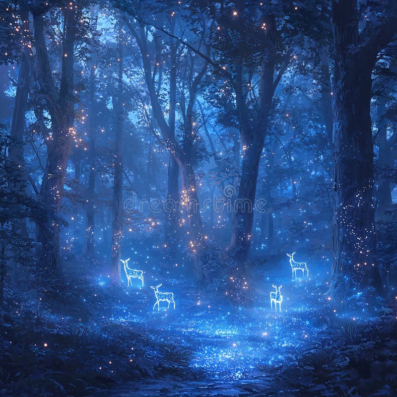 Belle forêt magique avec papillons de cerfs et lucioles illustration de vecteur