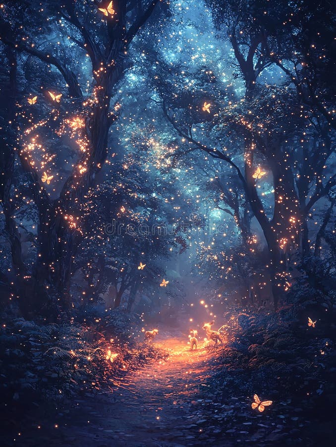 Belle forêt magique avec papillons de cerfs et lucioles illustration libre de droits