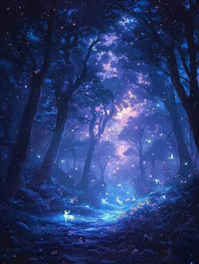 Belle forêt magique avec papillons de cerfs et lucioles illustration stock