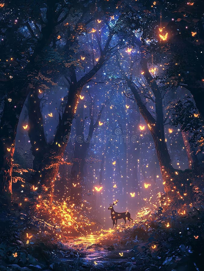 Belle forêt magique avec papillons de cerfs et lucioles illustration libre de droits