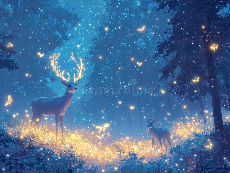 Belle forêt magique avec papillons de cerfs et lucioles illustration libre de droits