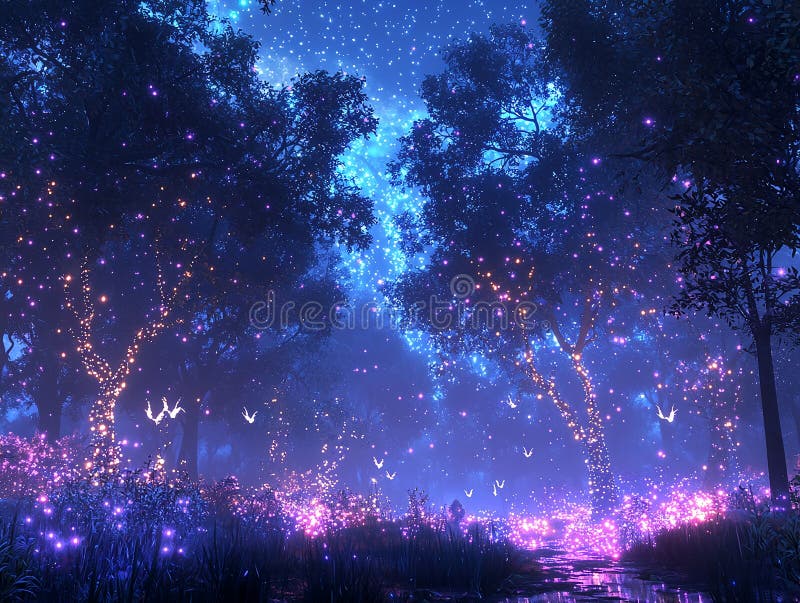 Belle forêt magique avec papillons de cerfs et lucioles illustration stock