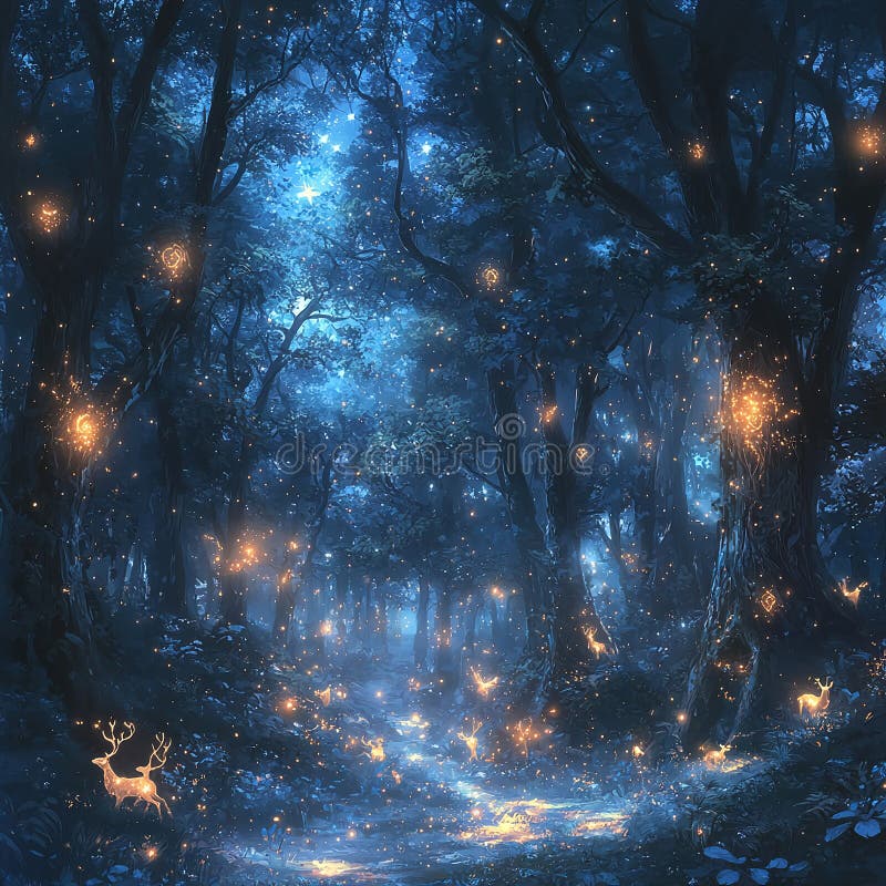 Belle forêt magique avec papillons de cerfs et lucioles illustration stock