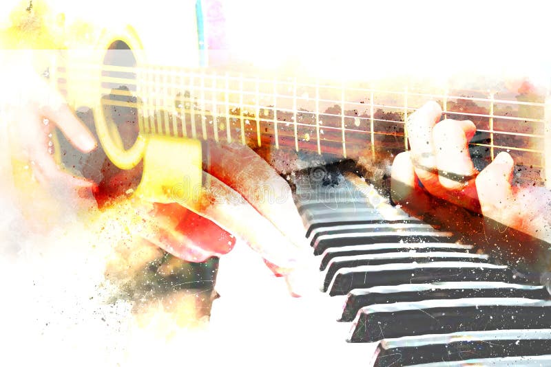 Belle guitare acoustique de jeu de résumé dans le premier plan sur la peinture d'aquarelle illustration libre de droits Belle guitare acoustique de jeu de résumé dans le premier plan sur la peinture d'aquarelle illustration libre de droits