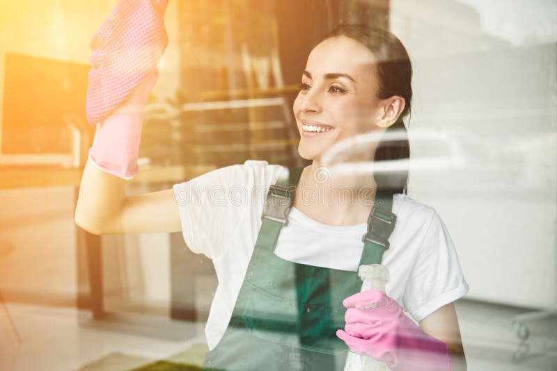 belle jeune femme de sourire nettoyant et essuyant la fenêtre avec la bouteille de jet images libres de droits belle jeune femme de sourire nettoyant et essuyant la fenêtre avec la bouteille de jet images libres de droits
