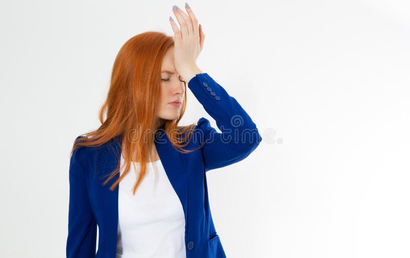 Cute, young beautiful red hair woman do facepalm. Redhead girl headache failed to upset business face palm. Portrait of female doing facepalm posing against studio background . Cute, young beautiful red hair woman do facepalm. Redhead girl headache failed to upset business face palm. Portrait of female doing facepalm posing against studio background .