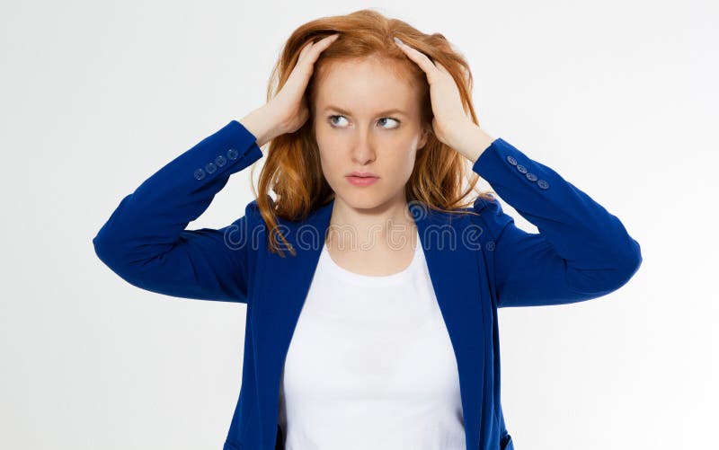 Cute, young beautiful red hair woman do facepalm. Redhead suffer girl headache failed to upset business face palm. Portrait of female doing facepalm posing against studio background. Cute, young beautiful red hair woman do facepalm. Redhead suffer girl headache failed to upset business face palm. Portrait of female doing facepalm posing against studio background.