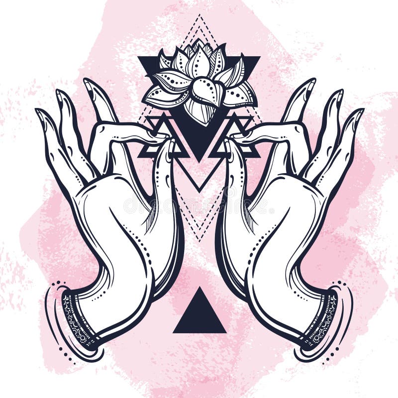 Belle mani disegnate a mano di Buddha con il fiore di Lotus e la geometria sacra Illustrazione di vettore Tatuaggio, yoga, spirit