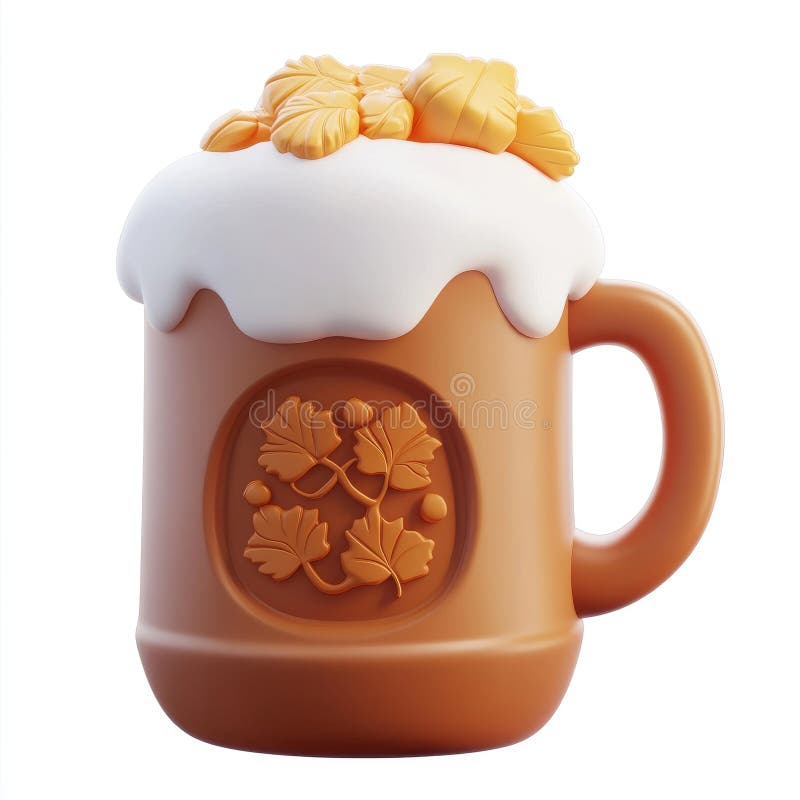 Belle Mug d'argile à la crème écaillée et feuilles d'automne illustration stock