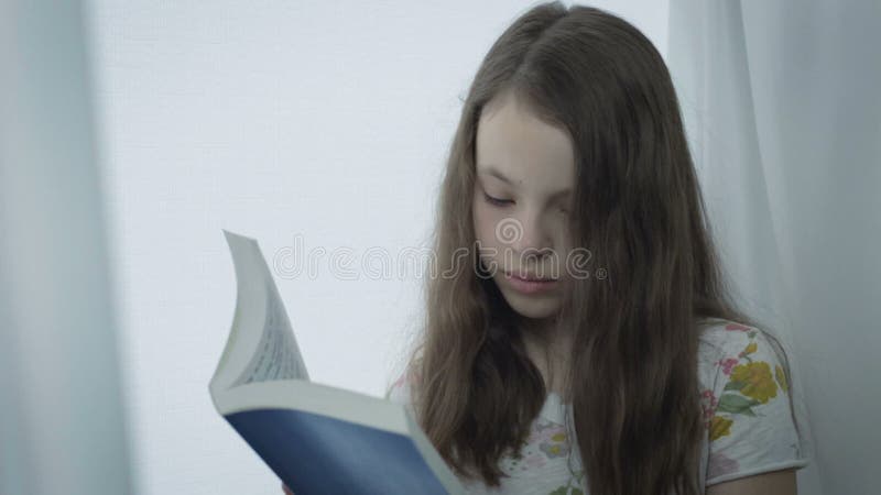 Belle petite fille sérieuse lisant un livre par la fenêtre