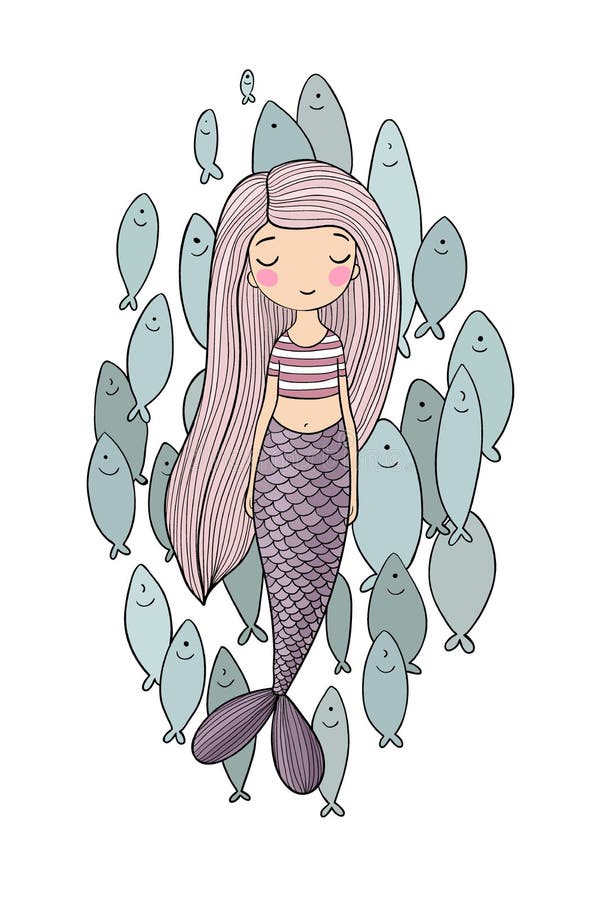 Belle petite sirène et un troupeau des poissons Sirène Thème de mer illustration libre de droits Belle petite sirène et un troupeau des poissons Sirène Thème de mer illustration libre de droits