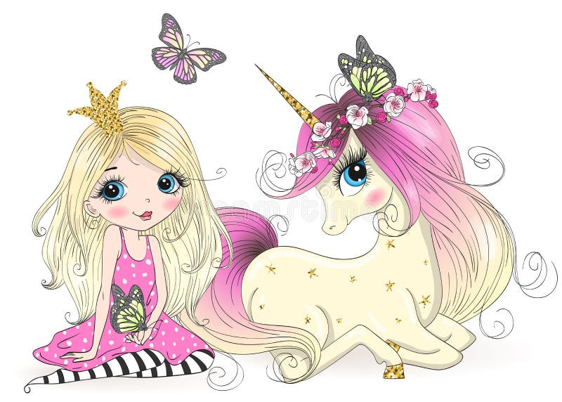 Belle piccole ragazze sveglie disegnate a mano di principessa con l'unicorno