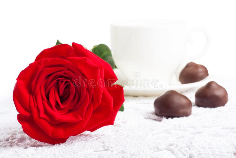 Belle rosa rossa e tazza di tè caldo con cioccolato fotografia stock Belle rosa rossa e tazza di tè caldo con cioccolato fotografia stock