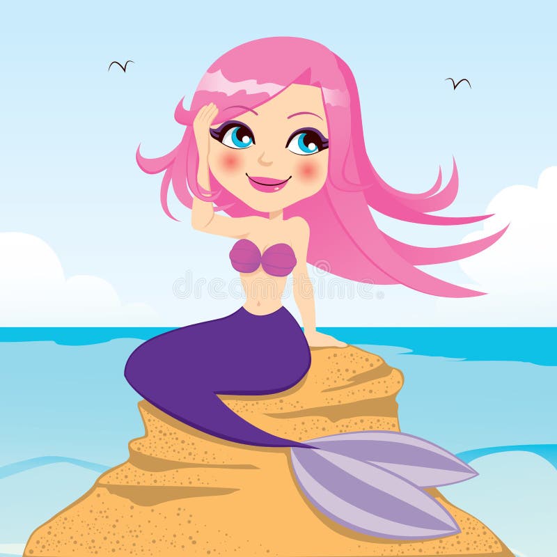 Beautiful mermaid with long pink hair sitting on a rock on the ocean. Beautiful mermaid with long pink hair sitting on a rock on the ocean